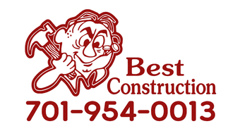 Best Construction logo with red cartoon builder and phone number 701-954-0013