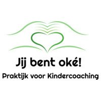 Logo with green heart and hills, text “Jij bent oké!” and “Praktijk voor Kindercoaching”
