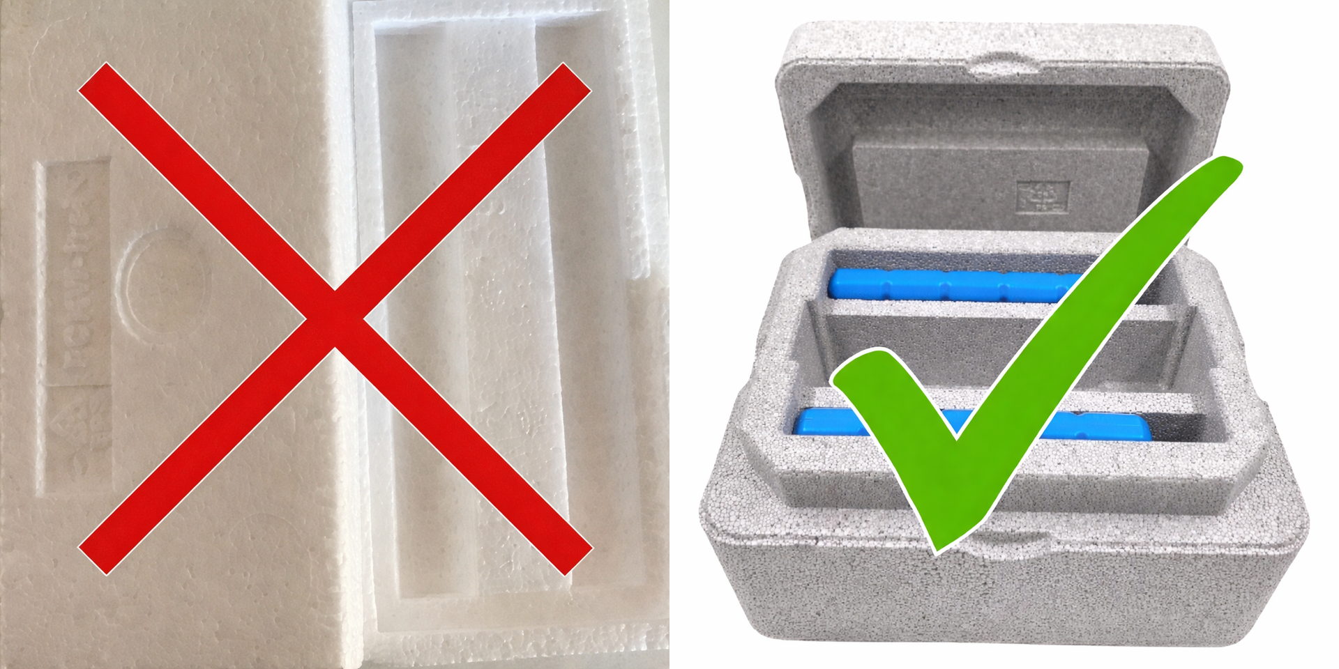 Piepschuimverpakking: een rood kruis over een ontoereikende verpakking en een groen vinkje over een betere verpakking met blauwe items.