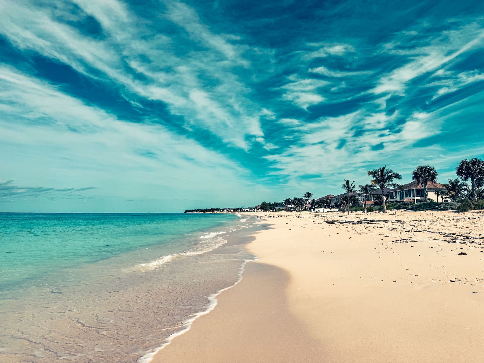 Turquoise beach with white sand, gentle waves, and palm trees under a bright blue sky