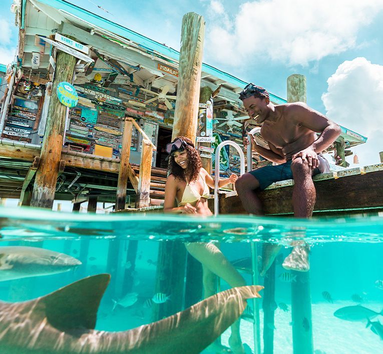 Two people sitting on a dock above turquoise water with fish swimming below, by a weathered seaside shack