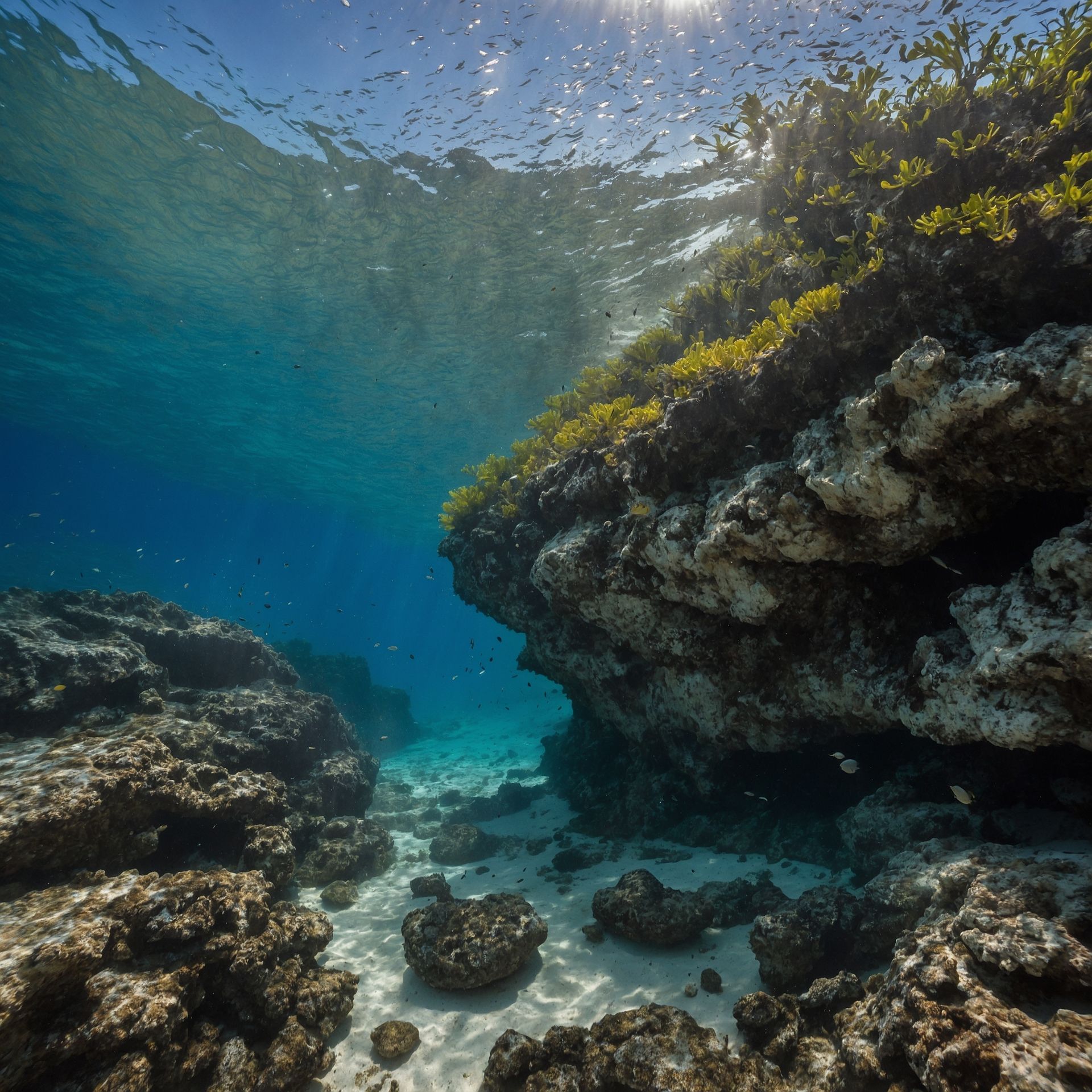 Underwater coral reef with clear blue water, sunlit surface, and rocky seabed corridor