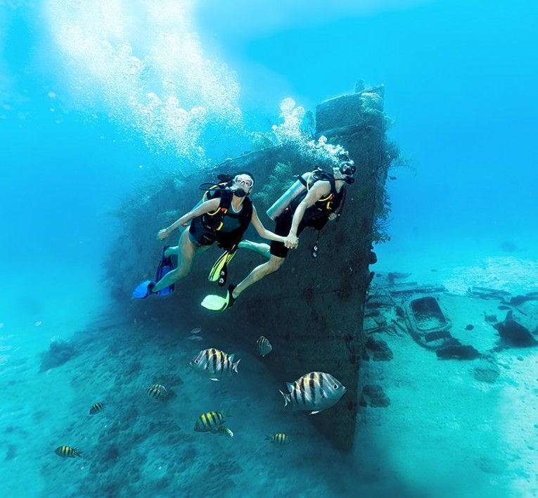 Two scuba divers beside a sunken shipwreck underwater, with fish swimming below.