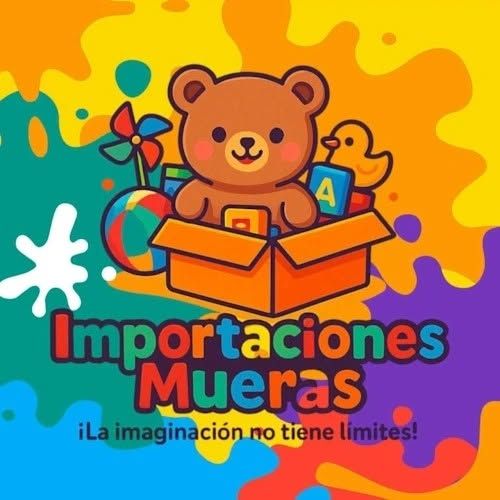 Logo colorful de Importaciones Mueras con oso en caja, patito y texto “¡La imaginación no tiene límites!”logo