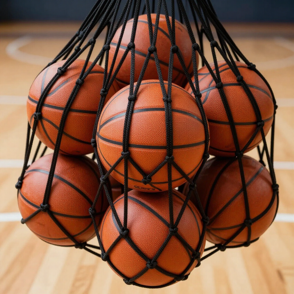 Balones de baloncesto apilados en una bolsa de red negra sobre el suelo de madera de un gimnasio.