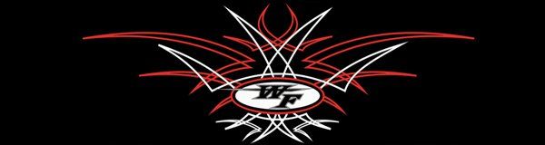 A red and white logo on a black background.