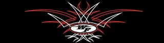 A red and white logo on a black background.