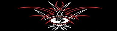 A red and white logo on a black background.