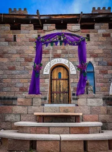 Stone castle entrance with purple draping, 