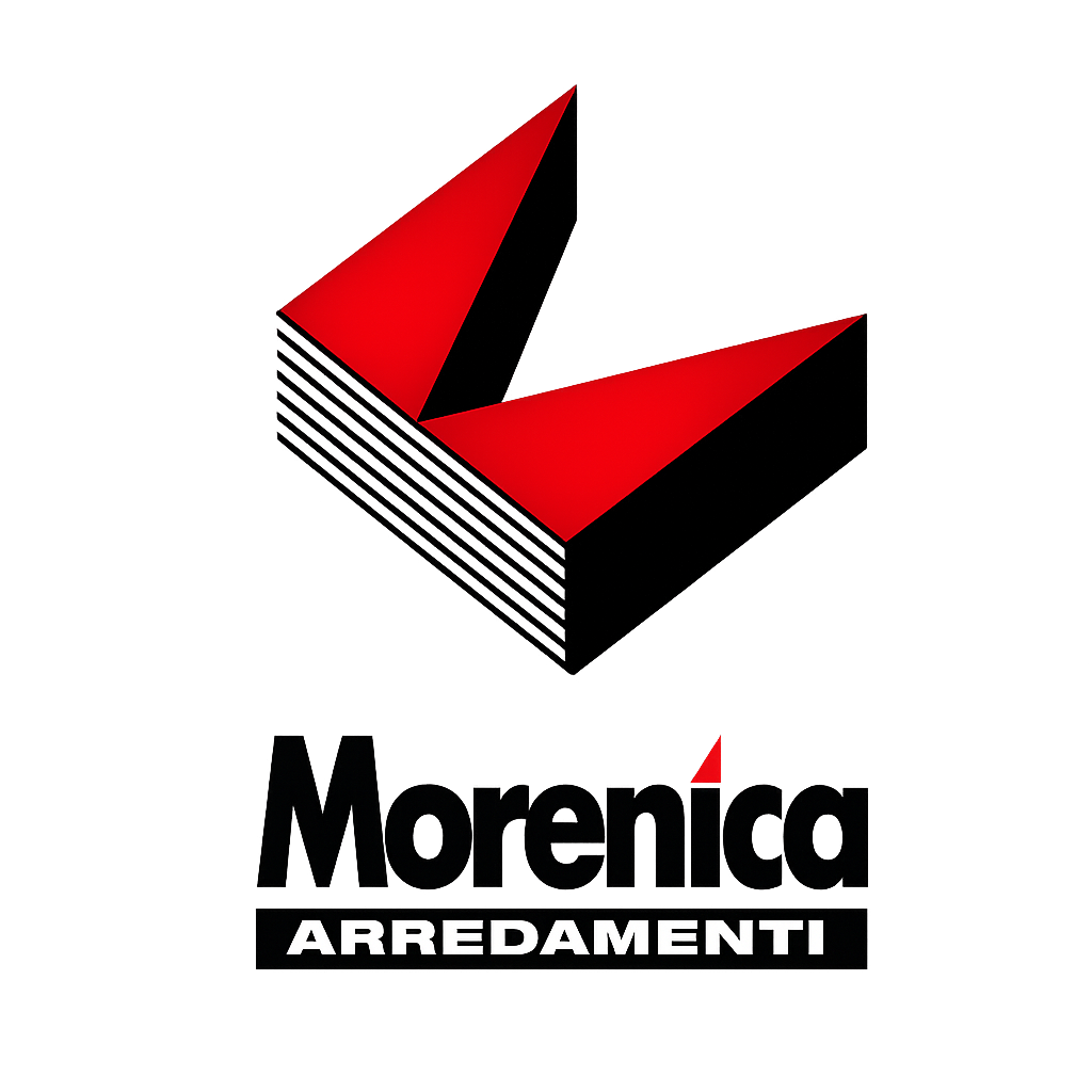 Logo di Morenica Arredamenti con emblema geometrico rosso e nero e testo nero in grassetto.