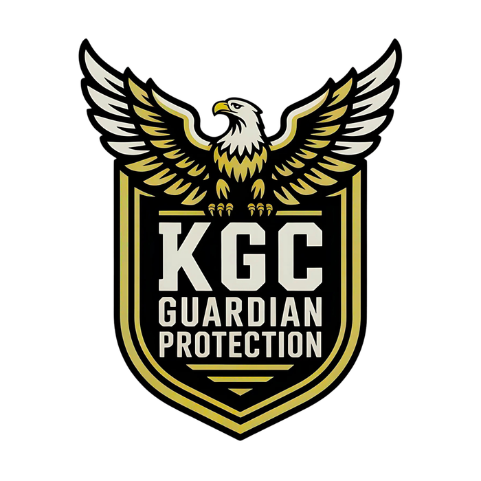 Black and gold KGC Guardian Protection logo with an eagle crest above a shield