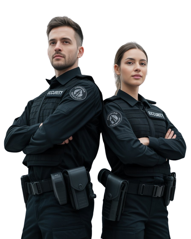 Two black-uniformed police officers standing back-to-back with arms crossed on a white background