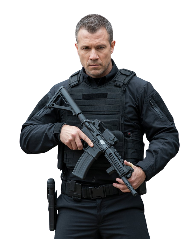 Man in black tactical gear holding a rifle, standing against a white background.
