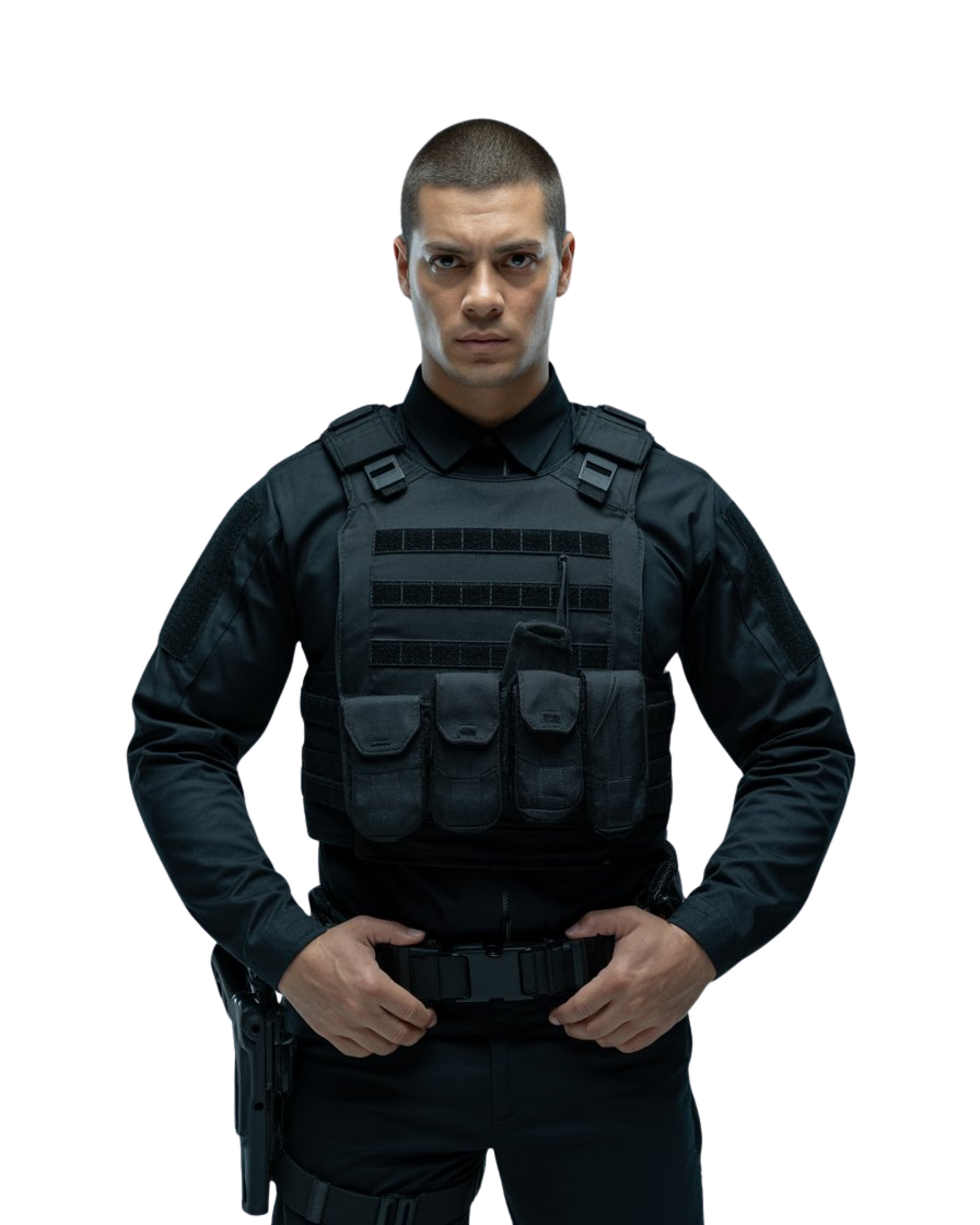 Man in black tactical vest and uniform standing front-facing with hands on belt against a white background