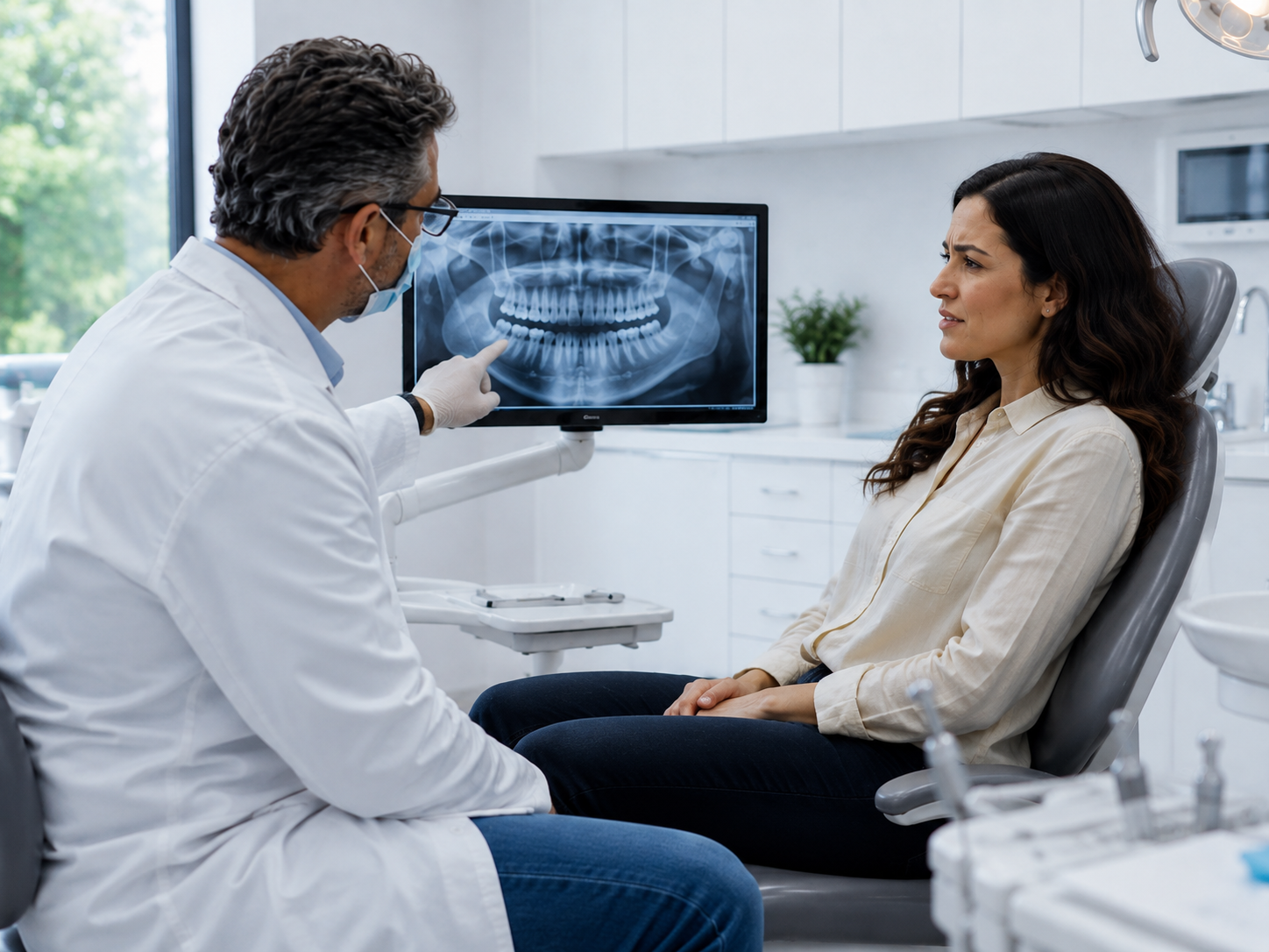 Patient experiencing tooth pain speaking with a dentist during an emergency dental visit in Redlands