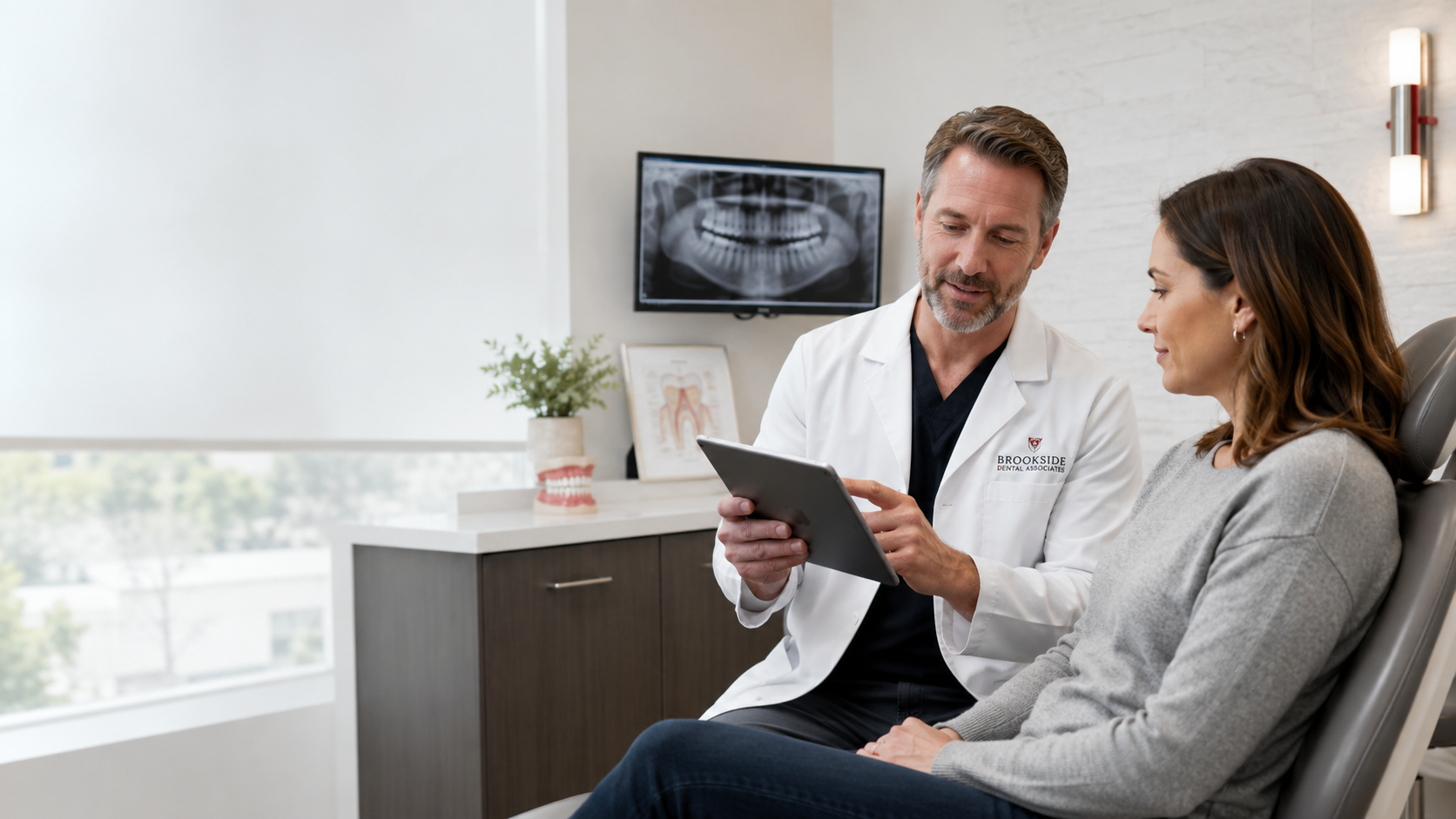 Dentist reviewing dental health information with a patient at Brookside Dental Associates in Redlands, California