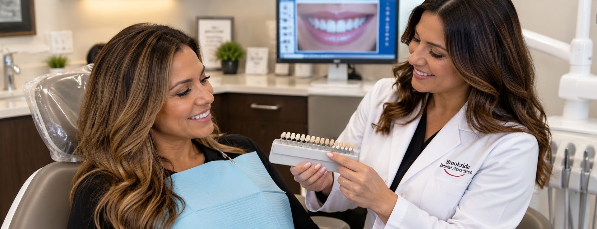 Brookside dentist discussing professional teeth whitening shades with a patient in Redlands CA