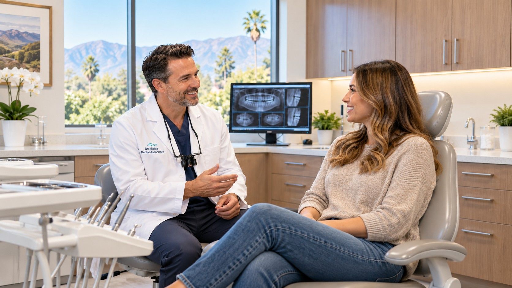Brookside dentist speaking with a patient in a modern Redlands dental office