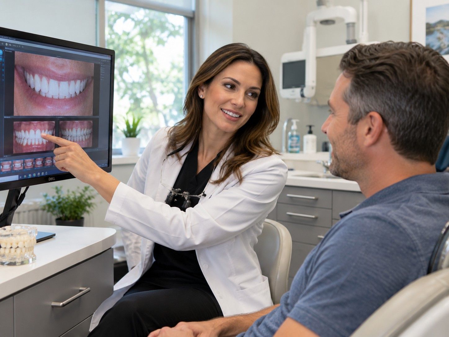 Cosmetic dentist in Redlands reviewing smile options with a patient