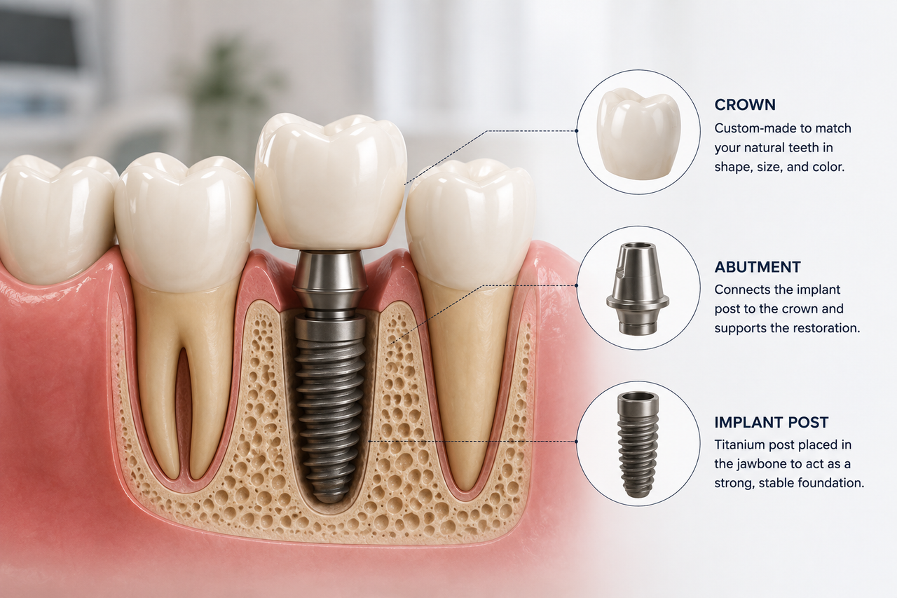Dental implant anatomy showing the crown, abutment, and titanium implant post
