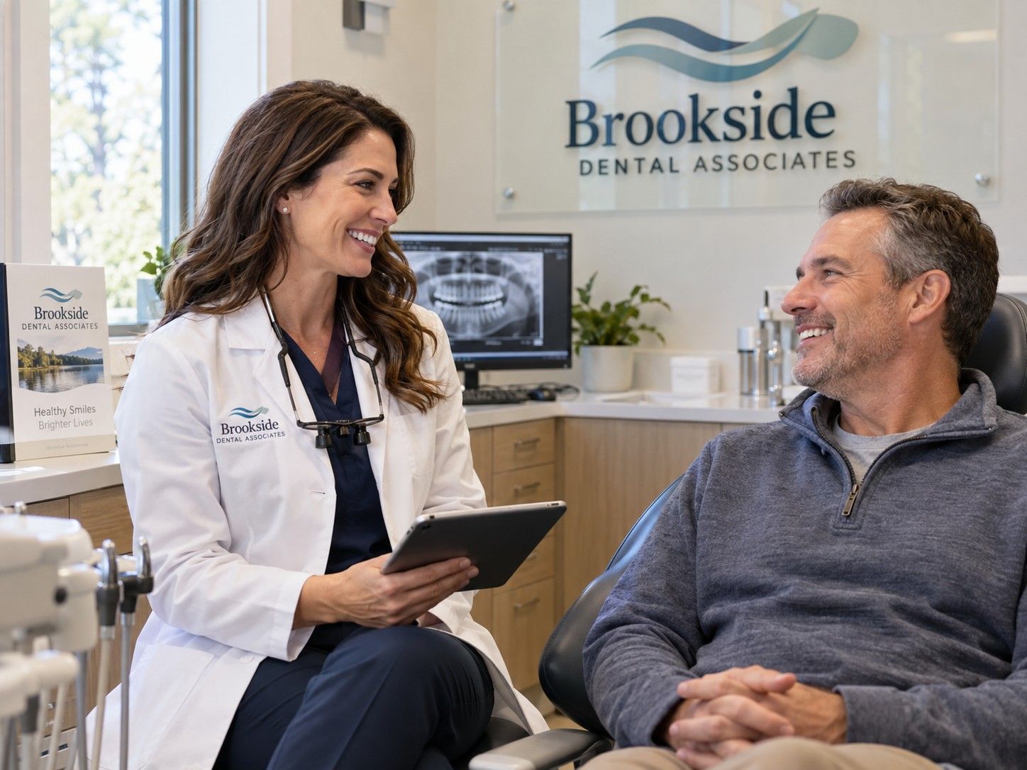 Brookside dentist discussing cosmetic dental treatment with a patient in Redlands CA
