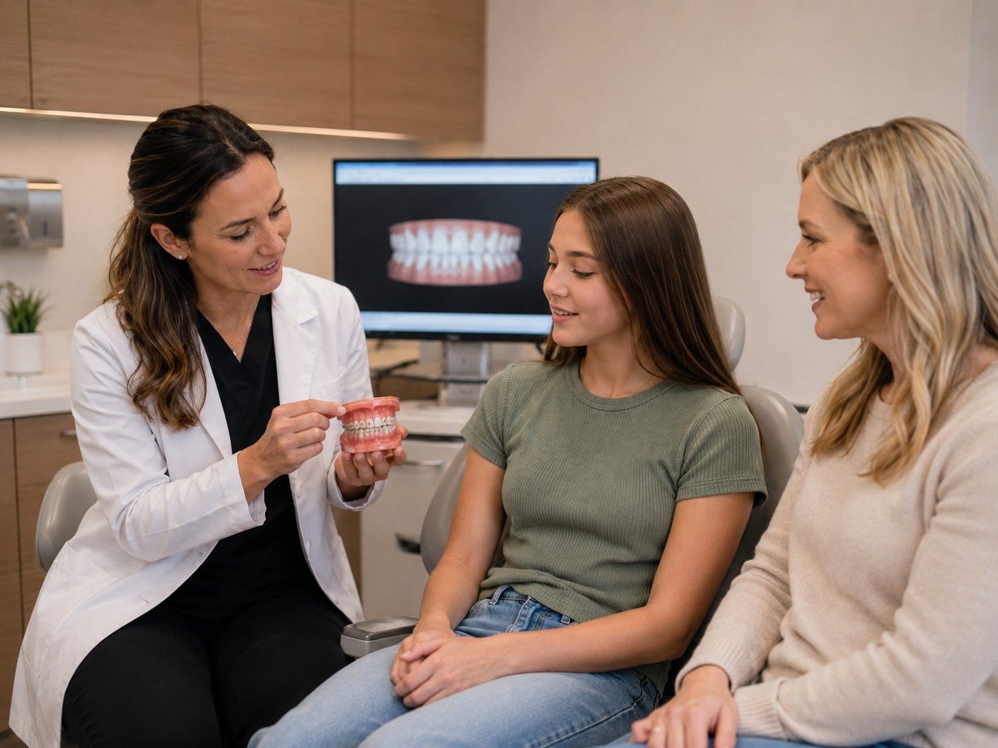 Brookside dentist discussing orthodontic treatment with a patient and parent in Redlands CA