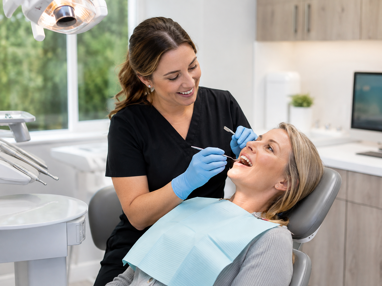 Dental professional providing preventive dental care to a patient