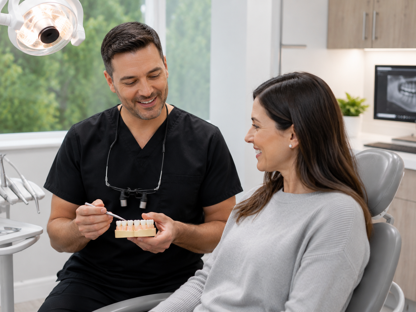 Dentist explaining restorative dental treatment to a patient using a tooth model