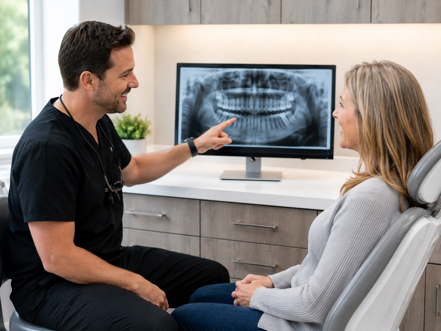 Dentist discussing a digital dental X-ray with a patient