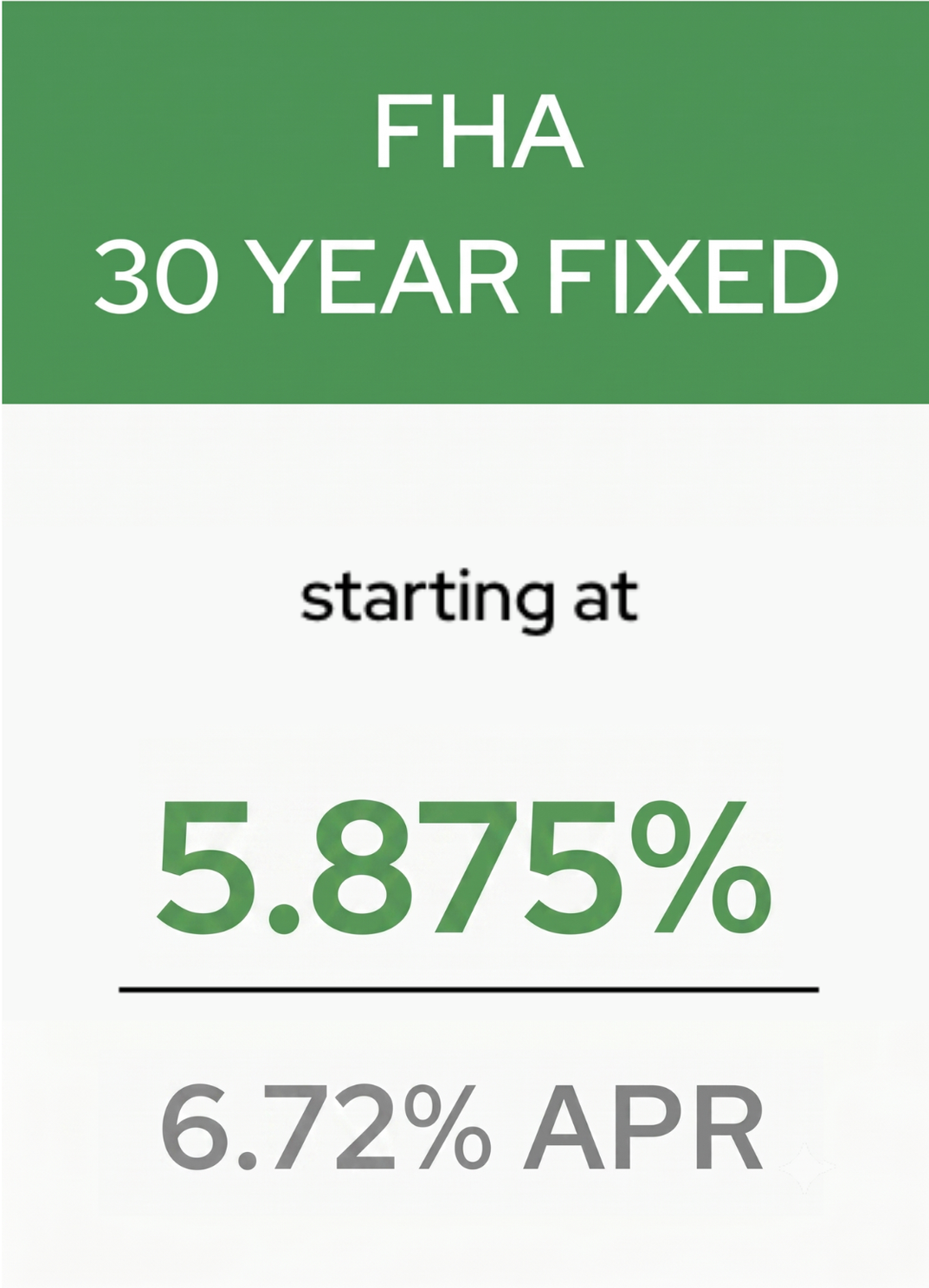 FHA 30-year fixed mortgage advertisement showing a 5.49% interest rate and 5.69% APR on a green and white background.