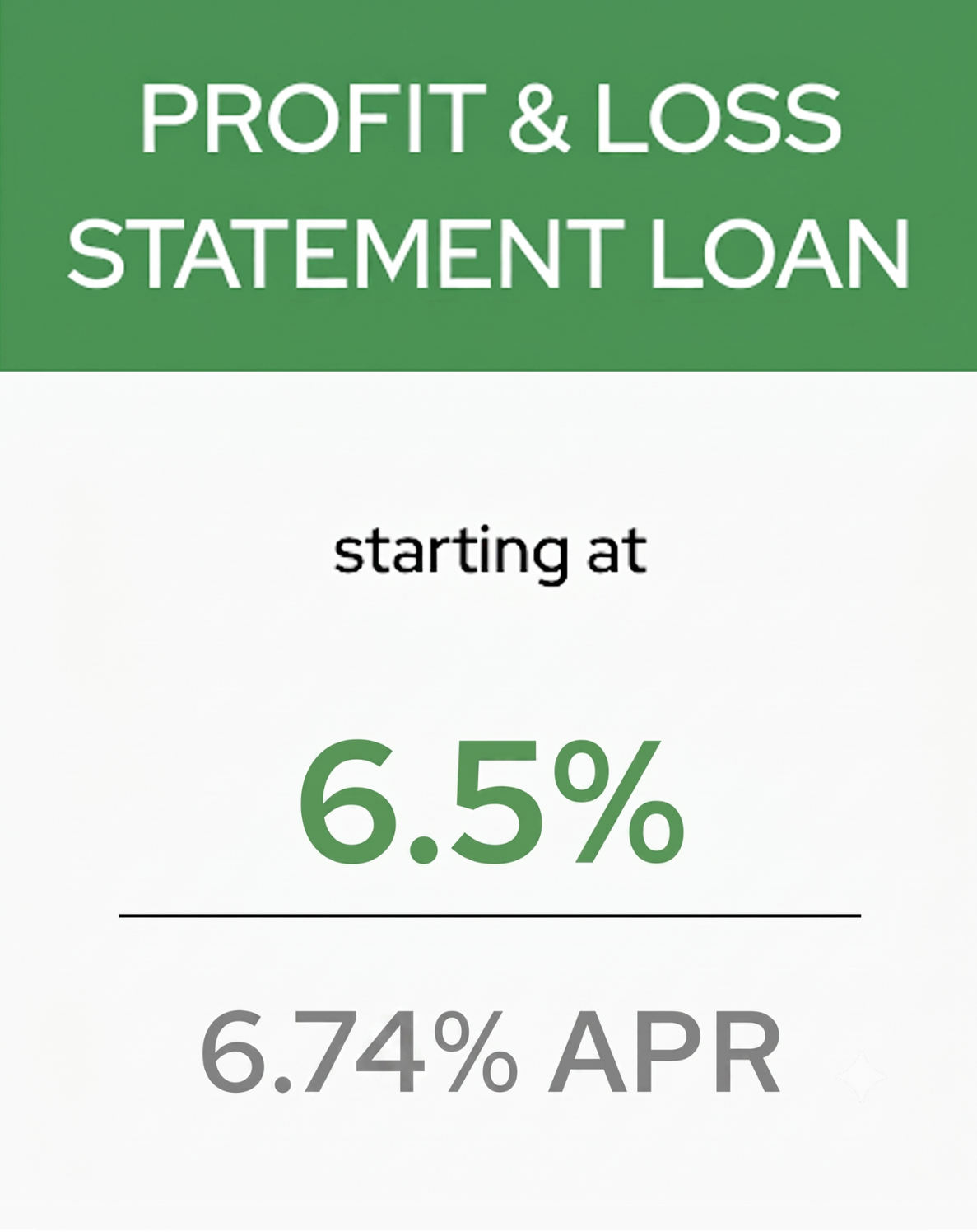 A promotional graphic advertising a Profit & Loss Statement loan with rates starting at 6.5% interest and 6.76% APR.