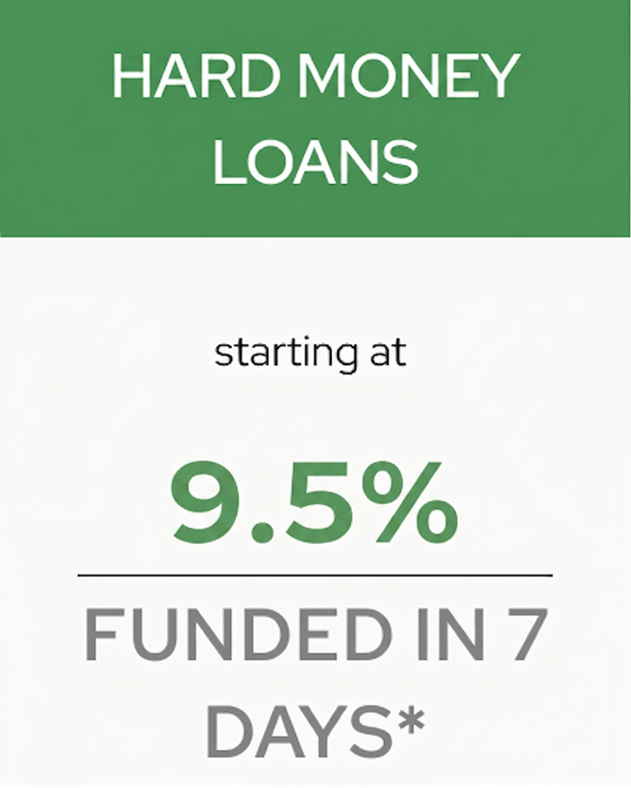 Private money loans offer 9.99% interest rates and 7-day funding. Text is white, green, and grey on a light background.