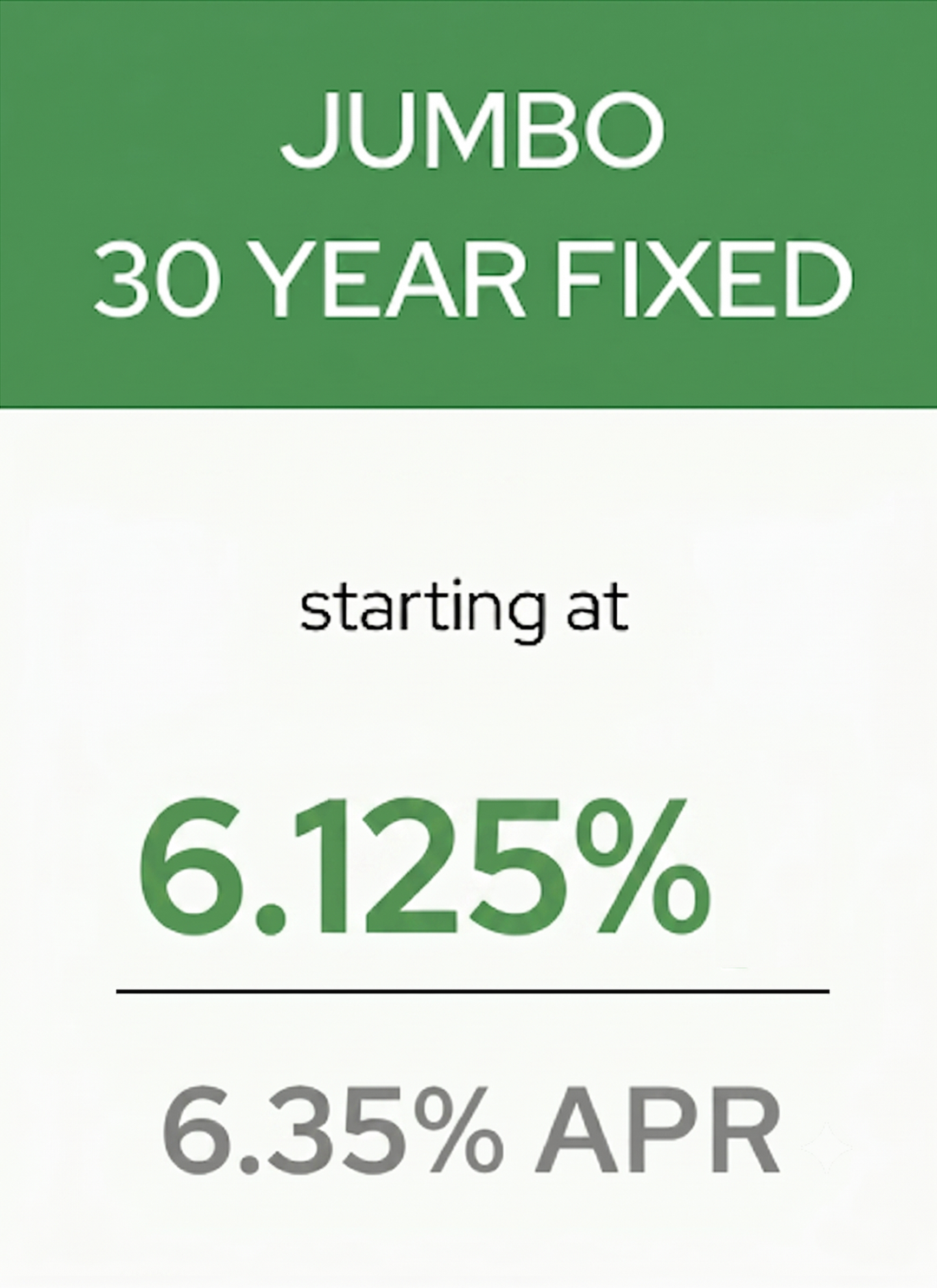 Jumbo 30-year fixed mortgage advertisement: 5.875% interest rate starting at 5.99% APR on a white and green background.