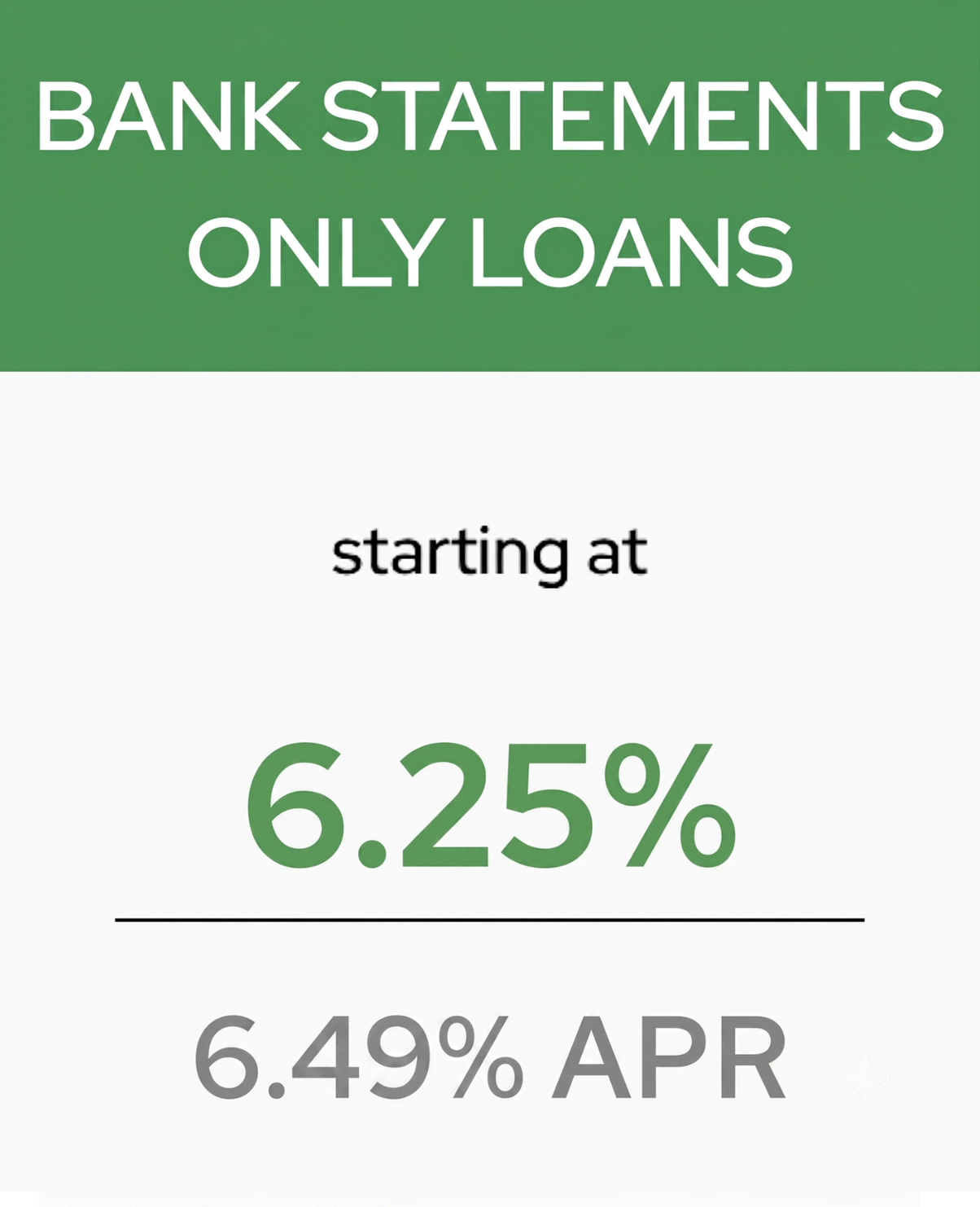 A promotional graphic for bank statement-only loans with a 6.25% interest rate and 6.56% APR.