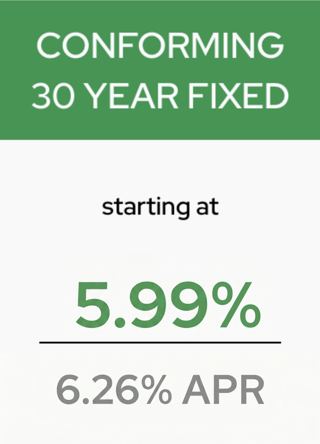 A green banner labels a Conforming 30-Year Fixed loan, featuring a 5.5% interest rate and 5.63% APR.