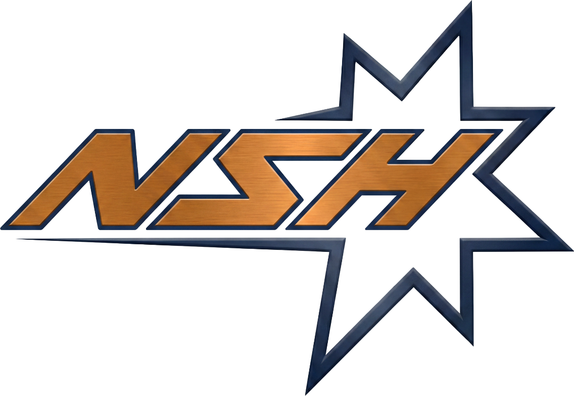 Orange “NSH” letters over a dark blue star outline logo on a white background
