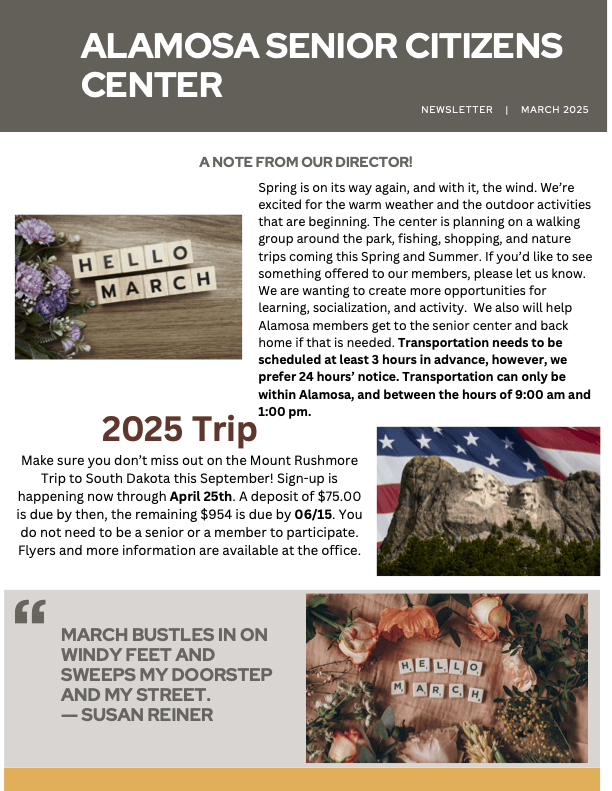 Newsletter for Alamosa Senior Citizens Center: