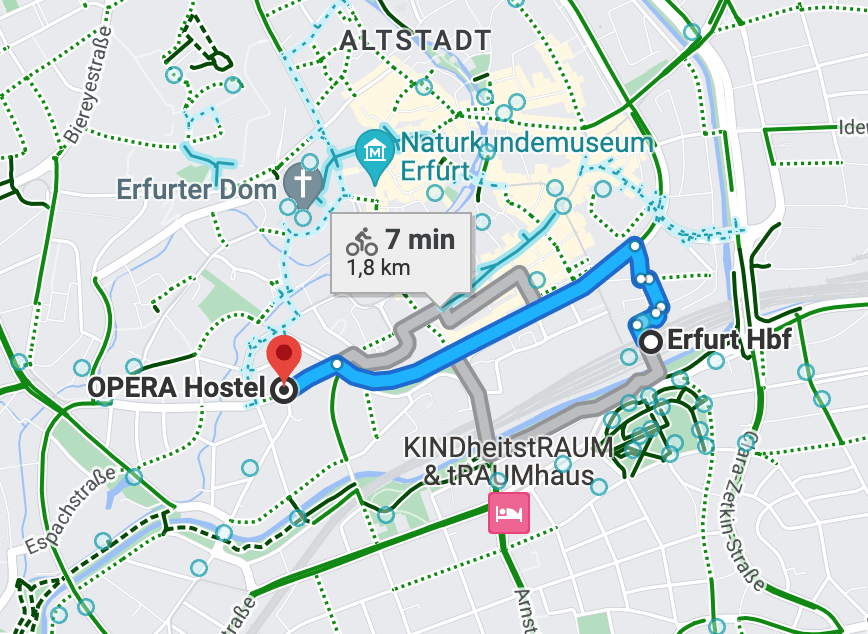 google maps Anfahrtsroute zum OPERA Hostel Erfurt – 7 Minuten vom Hauptbahnhof