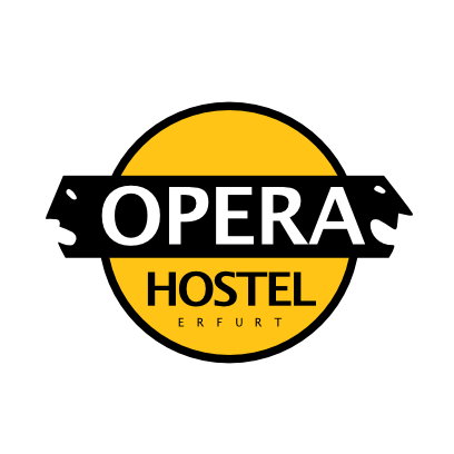 Gelbes OPERA Hostel Logo – moderne Hostelmarke aus Erfurt