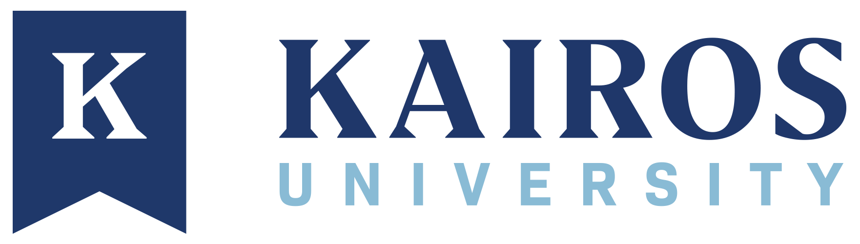 A blue and white logo for kairos university