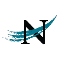 A black letter n with a blue brush stroke on a white background.