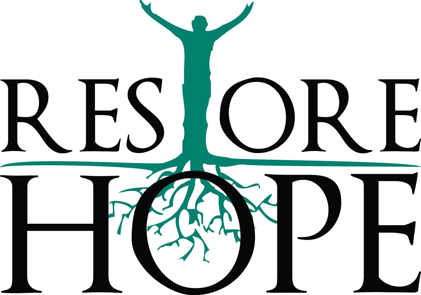 A logo for restore hope with a silhouette of a person and roots.