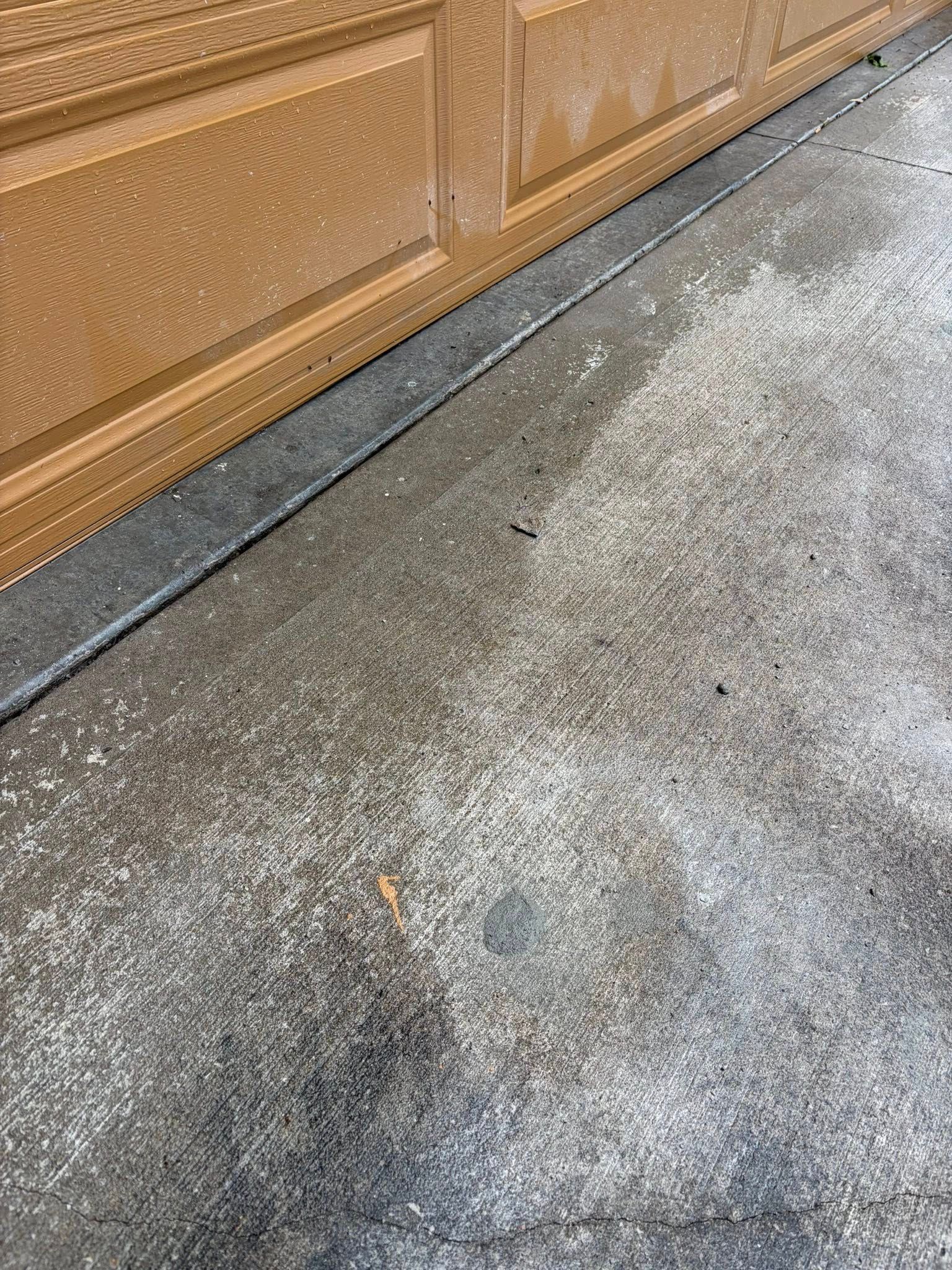 Concrete sidewalk beside a brown wooden fence, with a dark strip along the edge.