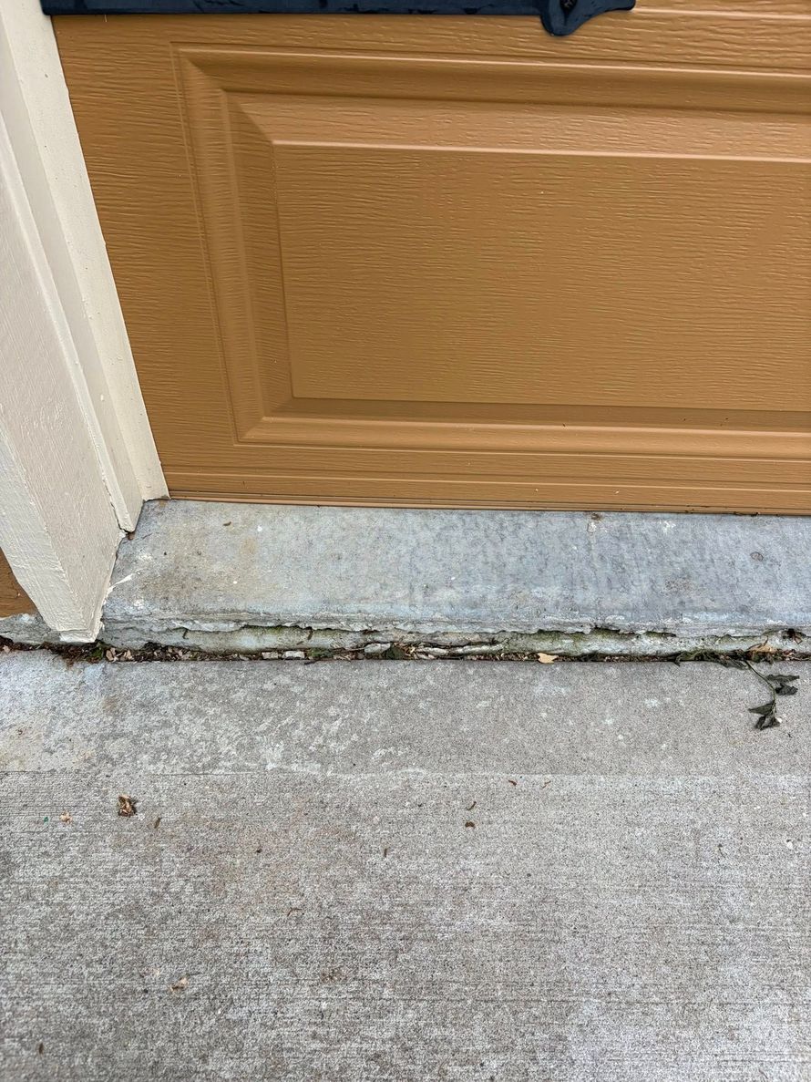 Wooden door threshold with a cracked concrete step and chipped paint at the base.