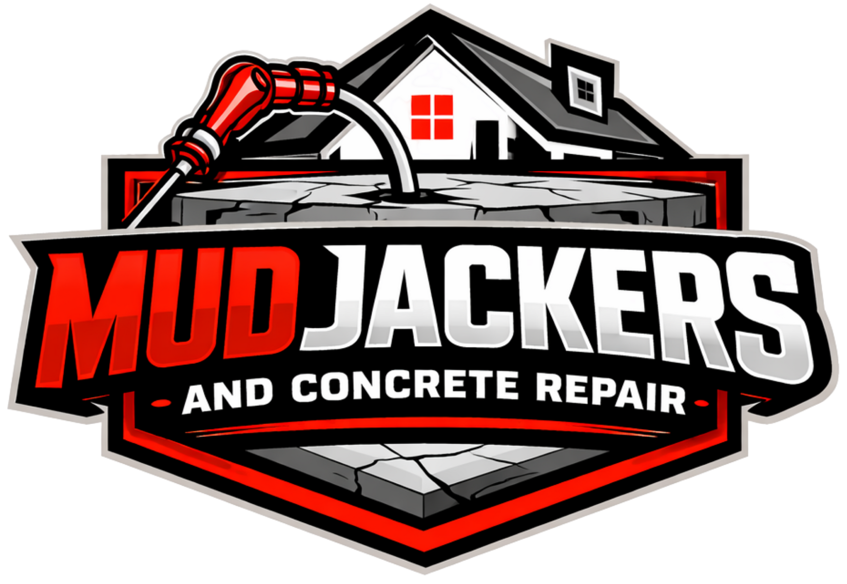Mud Jackers logo with red jackhammer and house icon, text &ldquo;Mud Jackers and Concrete Repair&rdquo;