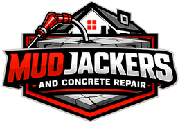 Mud Jackers logo with red jackhammer and house icon, text &ldquo;Mud Jackers and Concrete Repair&rdquo;