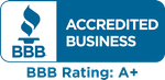 BBB Accredited Business badge with blue logo and text, showing BBB Rating: A+