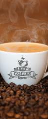 White coffee mug with “Mott’s Coffee” logo, steaming on coffee beans against a warm brown background