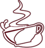 Maroon outline of a steaming coffee cup and saucer