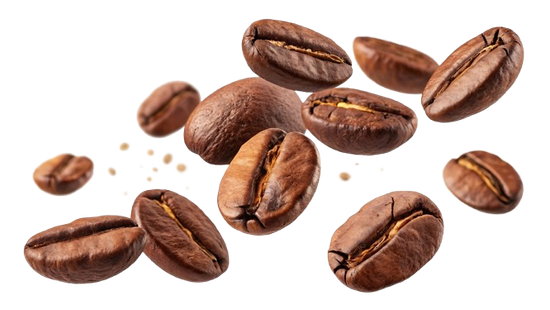 Scattered roasted coffee beans on a white background